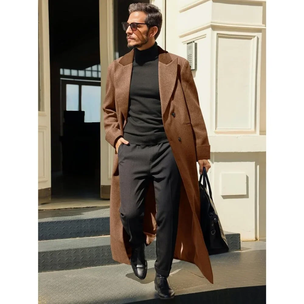 Men's Coffee Full Length Trench Coat Notched Lapel Long Jacket Double Breasted - Picture 2 of 5